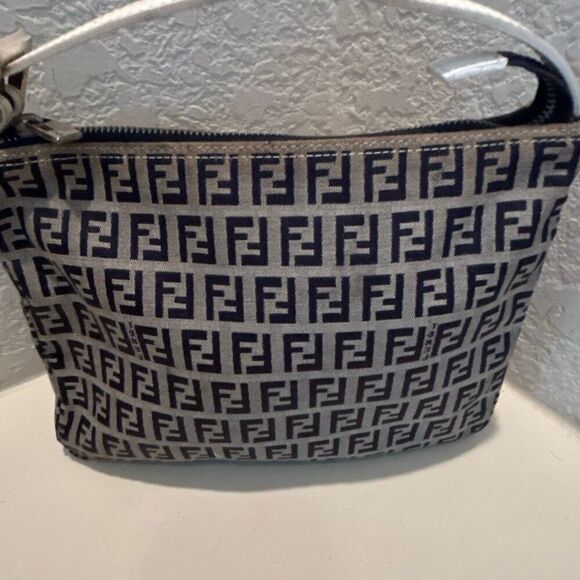 Fendi Zucchino Mini Bag Navy White FF Logo Slouchy Baguette Shoulder Purse - Picture 3 of 15